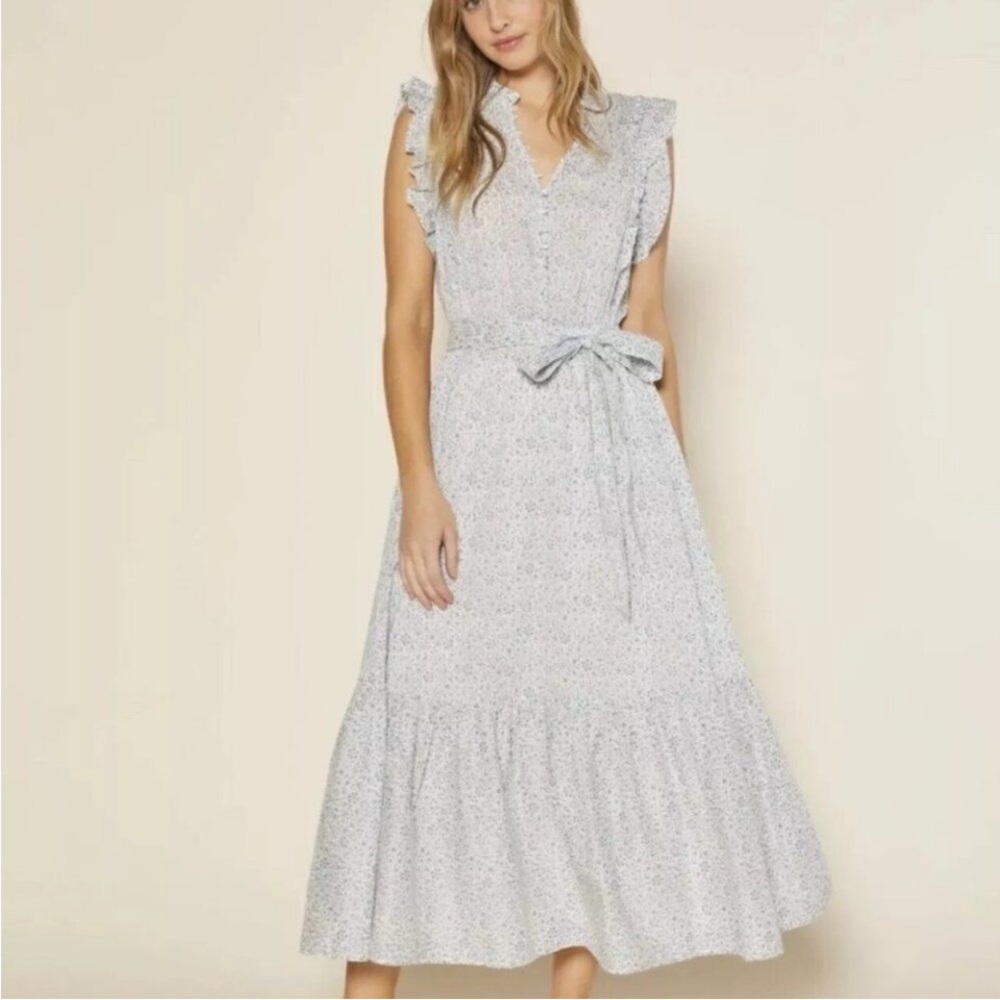 Outerknown Canyon Cotton Floral Maxi Size M Blue White Ditzy Tiered Dress Size M